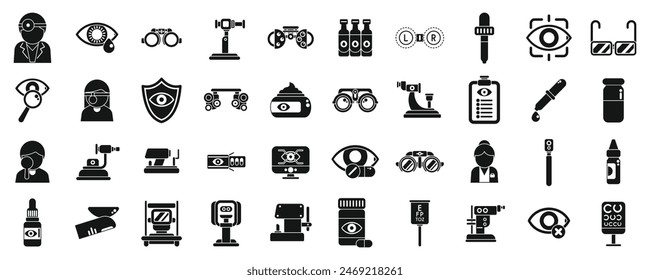 Optometrist icons set vector. A collection of medical icons including a stethoscope, a syringe, a bottle, a cup, a pen, a clipboard, a bottle of pills, a bottle of eye drops