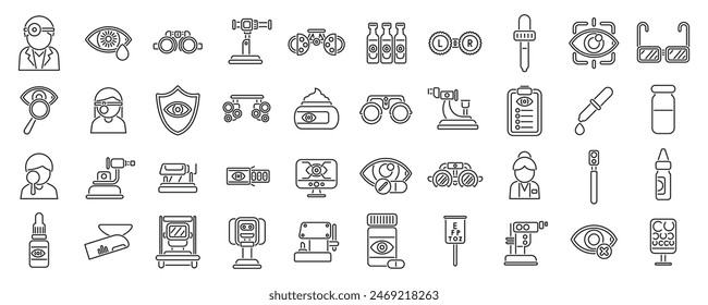 Optometrist icons set vector. A collection of medical icons including a doctor, a syringe, a stethoscope, and a pair of glasses