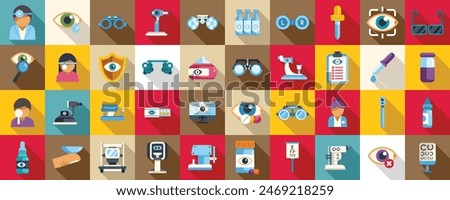 Optometrist icons set vector. A collection of medical icons and symbols. The image is a collage of various medical symbols and icons, including a stethoscope, a syringe, a bottle, and a clipboard