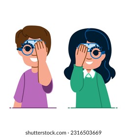 vector de niño optometrista. oftalmología, oftalmología, prueba de optometría, personaje de niño optometrista. ilustración de dibujos animados planos de personas