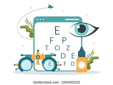 Optometrist with Ophthalmologist Checks Patient Sight, Optical Eye Test and Spectacles Technology in Flat Cartoon Hand Drawn Templates Illustration