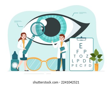 Optometrist with Ophthalmologist Checks Patient Sight, Optical Eye Test and Spectacles Technology in Flat Cartoon Hand Drawn Templates Illustration