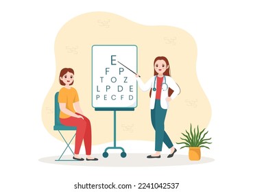 Optometrist with Ophthalmologist Checks Patient Sight, Optical Eye Test and Spectacles Technology in Flat Cartoon Hand Drawn Templates Illustration