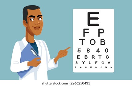 
Optometrist Pointing to a Snellen Chart Vector Cartoon Illustration. Doctor checking patient vision in eye examination 
