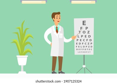 Optometrist points to the table for testing visual acuity. A doctor in a white coat checks the patient's vision in medical clinic. A man stands with a pointer in his hand. Snellen chart near the man