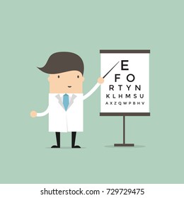 Optometrist points to the table for testing visual acuity. vector