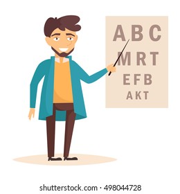 Optometrist stands near the table with a pointer. ector illustration. Cartoon character. Isolated. Flat