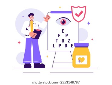 Ilustração de vetor optometrista com um oftalmologista examinando a visão de um paciente, testes ópticos de olhos e tecnologia avançada de óculos