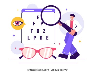 Optometrist Vector Illustration featuring an Ophthalmologist Examining a Patient's Vision, Optical Eye Tests, and Advanced Spectacles Technology