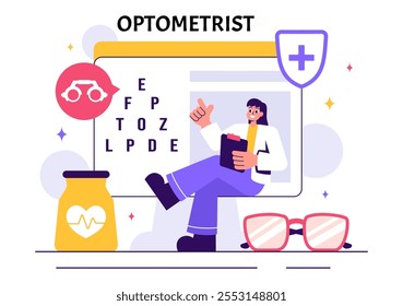 Optometrist Vector Illustration featuring an Ophthalmologist Examining a Patient's Vision, Optical Eye Tests, and Advanced Spectacles Technology