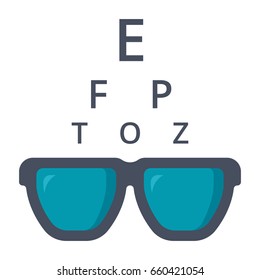 Optometry concept with glasses and Snellen chart, vector icon in flat style
