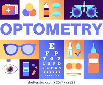 Optometry concept poster. Examining with ophthalmic trial frame and eye chart. Contact lenses and laser correction. Human vision problem diagnosis and treatment vector illustration