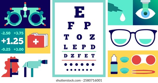 Optometry concept poster. Examining with ophthalmic trial frame and eye chart. Contact lenses and laser correction. Human vision problem diagnosis and treatment vector illustration