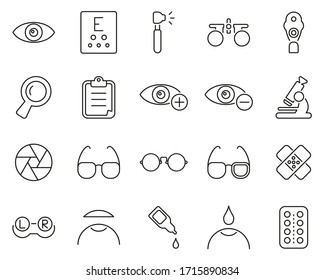 Optometry Exam & Optometry Equipment Icons Black & White Thin Line Set 