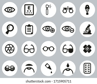 Optometry Exam & Optometry Equipment Icons Black & White Flat Design Circle Set Big