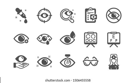 Optometry, Eye doctor icons. Medical laser surgery, glasses and eyedropper. Pink eye, Cataract surgery and allergy icons. Optician board, oculist chart. Classic set. Quality set. Vector