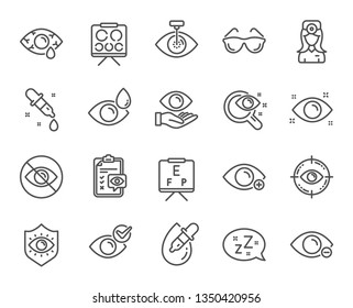 Optometry, Eye doctor line icons. Medical laser surgery, glasses and eyedropper. Pink eye, Cataract surgery and allergy icons. Vision exam problem, optician board, oculist chart. Vector