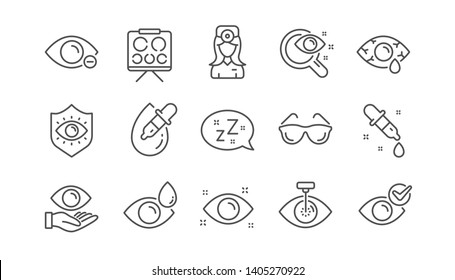 Optometry, Eye doctor line icons. Medical laser surgery, glasses and eyedropper. Pink eye, Cataract surgery and allergy icons. Optician board, oculist chart. Linear set. Vector