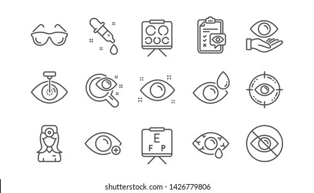 Optometry, Eye Doctor Line Icons. Medical Laser Surgery, Glasses And Eyedropper. Pink Eye, Cataract Surgery And Allergy Icons. Optician Board, Oculist Chart. Linear Set. Vector