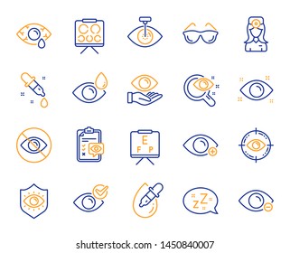 Optometry, Eye doctor line icons. Medical laser surgery, glasses and eyedropper. Pink eye, Cataract surgery and allergy icons. Vision exam problem, optician board, oculist chart. Vector