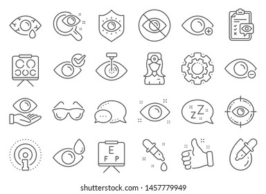 Optometry, Eye doctor line icons. Medical laser surgery, glasses and eyedropper. Pink eye, Cataract surgery and allergy icons. Vision exam problem, optician board, oculist chart. Vector