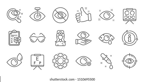 Optometría, íconos de la línea del doctor ocular. Cirugía láser médica, gafas y cuentagotas. Ojo rosa, cirugía de cataratas e iconos de alergia. Placa óptica, carta de selección. Conjunto lineal. Conjunto de líneas de calidad. Vector