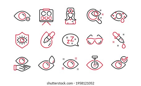 Optometry, Eye doctor line icons. Medical laser surgery, glasses and eyedropper. Pink eye, Cataract surgery and allergy icons. Optician board, oculist chart. Linear set. Linear set. Vector