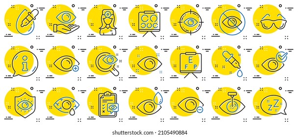 Optometry, Eye Doctor Line Icons. Medical Laser Surgery, Glasses And Eyedropper. Pink Eye, Cataract Surgery And Allergy Icons. Vision Exam Problem, Optician Board, Oculist Chart. Vector