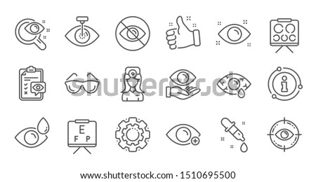 Optometry, Eye doctor line icons. Medical laser surgery, glasses and eyedropper. Pink eye, Cataract surgery and allergy icons. Optician board, oculist chart. Linear set. Quality line set. Vector