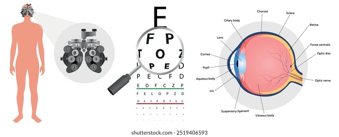 Optometry eye health care vision examination diagnostic with eye anatomy