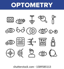 Optometry Eye Health Collection Icons Set Vector Thin Line. Eyeglasses And Doctor Optometry Oculist, Medical Equipment, Medicine Drops Concept Linear Pictograms. Monochrome Contour Illustrations