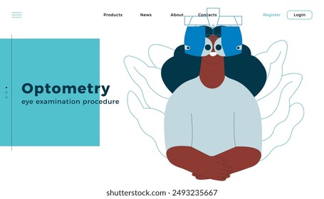 Optometry. Eye Test and Prescription Glasses. Female Perform Eye Test with Automated Digital Phoropter. Modern Flat Vector Illustration. Landing Page Design Template. Website Banner.