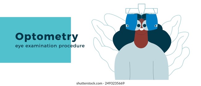 Optometry. Eye Test and Prescription Glasses. Female Perform Eye Test with Automated Digital Phoropter. Modern Flat Vector Illustration. Landing Page Design Template. Website Banner.