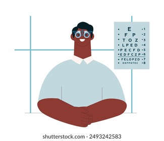 Optometry. Eye Test and Prescription Glasses. Male Patient Wear Adjustable Optical Trial Lens in Medical Office. Modern Flat Vector Illustration. Landing Page Design Template. Website Banner.