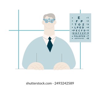 Optometría. Prueba de ojos y gafas de prescripción. Los pacientes masculinos usan lentes de Prueba óptica ajustable en el consultorio médico. Moderna Ilustración vectorial plana. Plantilla de diseño de página de destino. Sitio web Anuncio.