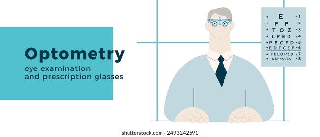 Optometry. Eye Test and Prescription Glasses. Male Patient Wear Adjustable Optical Trial Lens in Medical Office. Modern Flat Vector Illustration. Landing Page Design Template. Website Banner.