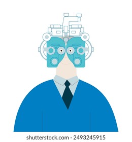 Optometry. Eye Test and Prescription Glasses. Male Perform Eye Test with Manual Vision Tester. Modern Flat Vector Illustration. Landing Page Design Template. Website Banner.