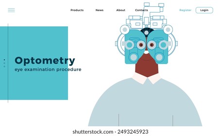 Optometry. Eye Test and Prescription Glasses. Male Perform Eye Test with Manual Vision Tester. Modern Flat Vector Illustration. Landing Page Design Template. Website Banner.