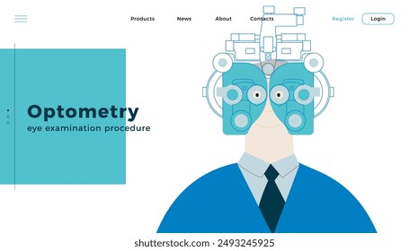 Optometry. Eye Test and Prescription Glasses. Male Perform Eye Test with Manual Vision Tester. Modern Flat Vector Illustration. Landing Page Design Template. Website Banner.