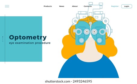 Optometry. Eye Test and Prescription Glasses. Female Perform Eye Test with Manual Vision Tester. Modern Flat Vector Illustration. Landing Page Design Template. Website Banner.