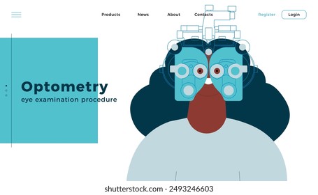 Optometry. Eye Test and Prescription Glasses. Female Perform Eye Test with Manual Vision Tester. Modern Flat Vector Illustration. Landing Page Design Template. Website Banner.