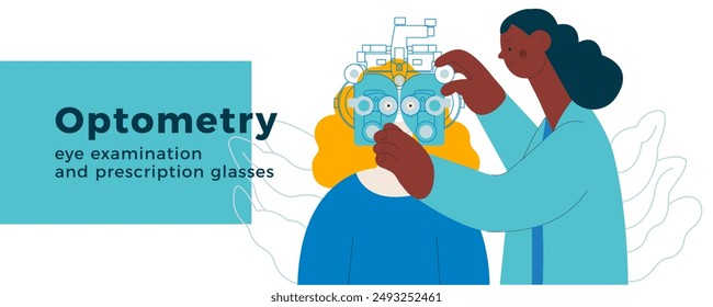 Optometry. Eye Test and Prescription Glasses. Medical Specialist and Patient Perform Eye Test with Manual Vision Tester on Abstract Background. Modern Flat Vector Illustration. Website Template.