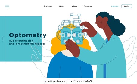 Optometry. Eye Test and Prescription Glasses. Medical Specialist and Patient Perform Eye Test with Manual Vision Tester on Abstract Background. Modern Flat Vector Illustration. Website Template.