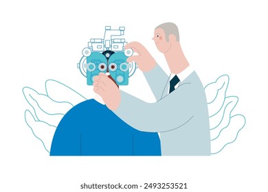 Optometry. Eye Test and Prescription Glasses. Medical Specialist and Patient Perform Eye Test with Manual Vision Tester on Abstract Background. Modern Flat Vector Illustration. Website Template.