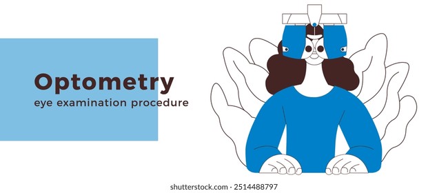 Optometry. Eye Test and Prescription Glasses. Female Perform Eye Test with Automated Digital Phoropter. Black and White Modern Flat Vector Illustration. Landing Page Design Template. Website Banner.