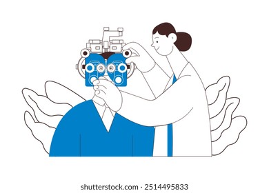 Optometry. Eye Test and Prescription Glasses. Medical Specialist and Patient Perform Eye Test with Manual Vision Tester on Abstract Background. Black and White Modern Flat Vector Illustration. 