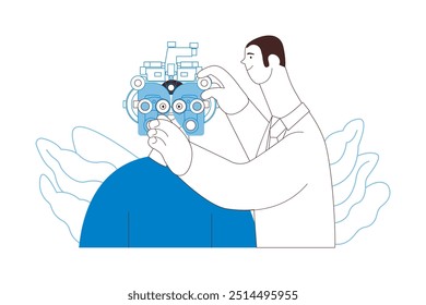 Optometry. Eye Test and Prescription Glasses. Medical Specialist and Patient Perform Eye Test with Manual Vision Tester on Abstract Background. Black and White Modern Flat Vector Illustration. 