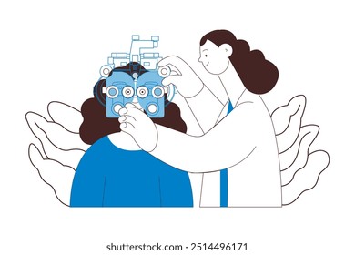 Optometry. Eye Test and Prescription Glasses. Medical Specialist and Patient Perform Eye Test with Manual Vision Tester on Abstract Background. Black and White Modern Flat Vector Illustration. 
