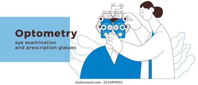 Optometry. Eye Test and Prescription Glasses. Medical Specialist and Patient Perform Eye Test with Manual Vision Tester on Abstract Background. Black and White Modern Flat Vector Illustration. 