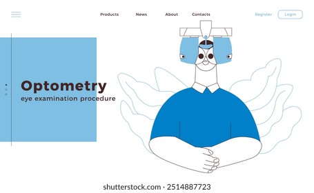 Optometry. Eye Test and Prescription Glasses. Male Perform Eye Test with Automated Digital Phoropter. Black and White Modern Flat Vector Illustration. Landing Page Design Template. Website Banner.